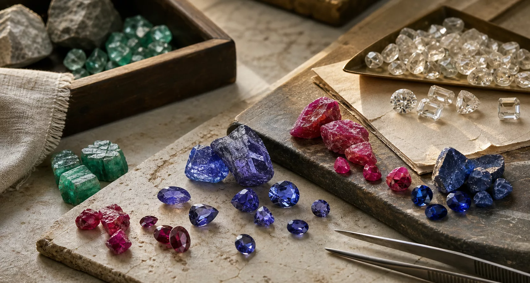 Natural gemstones arranged on a sourcing desk